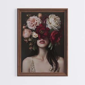 Sztuka głowy w stylu vintage Flowers | Sztuka ścienna w stylu kobiecym | Wydruk modowy | Sztuka ścienna w stylu kwiatowym | Wydruk dekoracyjny do domu