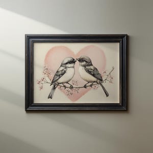 Vintage Love Birds Print: Pink Heart Valentine Art (Digital Download)