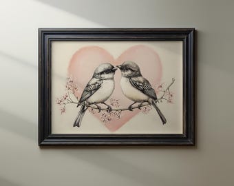Vintage Love Birds Print: Pink Heart Valentine Art (Digital Download)