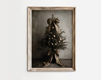 Antiek kerstboomolieverfschilderij, humeurige winterstrikkunst aan de muur (digitale download)