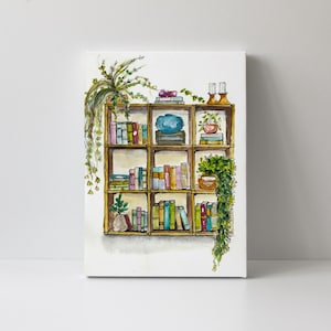 Bookshelf Wall Art, books art, bookshelf wall print, books and plants wall art