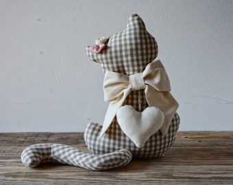 Cloth doorstop cat, customizable with name on the heart