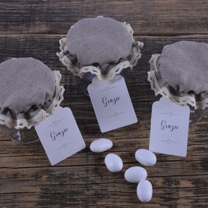 Bomboniere shabby chic - copribarattoli in puro lino grezzo, ideali anche per creare dei segnaposto per il tuo matrimonio
