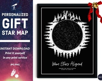 May include: A black and white star map print with a forest silhouette surrounding the map. The text "When Stars Aligned" is below the map with the date and coordinates.