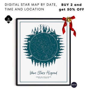 Mapa estelar, Mapa del cielo nocturno - Montañas y bosques - Coordenadas de amor, Regalo para ella, Regalo para él, Regalo para recién casados, Fecha de boda, Primera cita