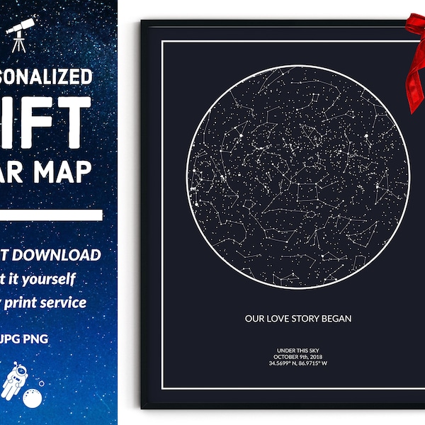 Custom star map print By date, PRINTABLE Star chart poster, Constellation map, Astronomy gifts, Galaxy art print, Night sky, Where we met