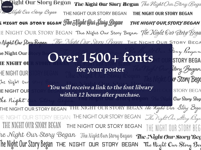 K&ouml;nnte beinhalten: Ein blauer Hintergrund mit wei&szlig;em Text, der "&Uuml;ber 1500+ Schriftarten f&uuml;r Ihr Poster" lautet. Der Text "Sie erhalten einen Link zur Schriftartenbibliothek innerhalb von 12 Stunden nach dem Kauf." ist ebenfalls in wei&szlig;em Text enthalten.