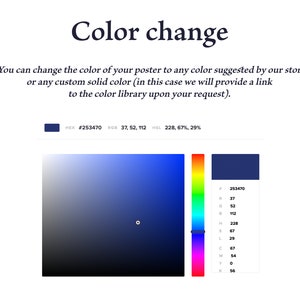 K&ouml;nnte beinhalten: Eine Farbkarte mit einem Farbverlauf von Blaut&ouml;nen mit dem Farbcode #253470. Der Text "Color change" befindet sich oben im Bild. Der Text unter der Farbkarte lautet: "Sie k&ouml;nnen die Farbe Ihres Posters in jede Farbe &auml;ndern, die von unserem Shop vorgeschlagen wird, oder in jede benutzerdefinierte Volltonfarbe (in diesem Fall stellen wir Ihnen auf Anfrage einen Link zur Farbpalette zur Verf&uuml;gung)."