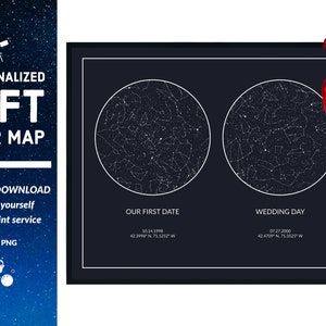 Impresión digital de cielo nocturno, mapa estelar astrológico Doble - Decoración de dormitorio - Regalo para novio, novia, inauguración de la casa, San Valentín, compromiso