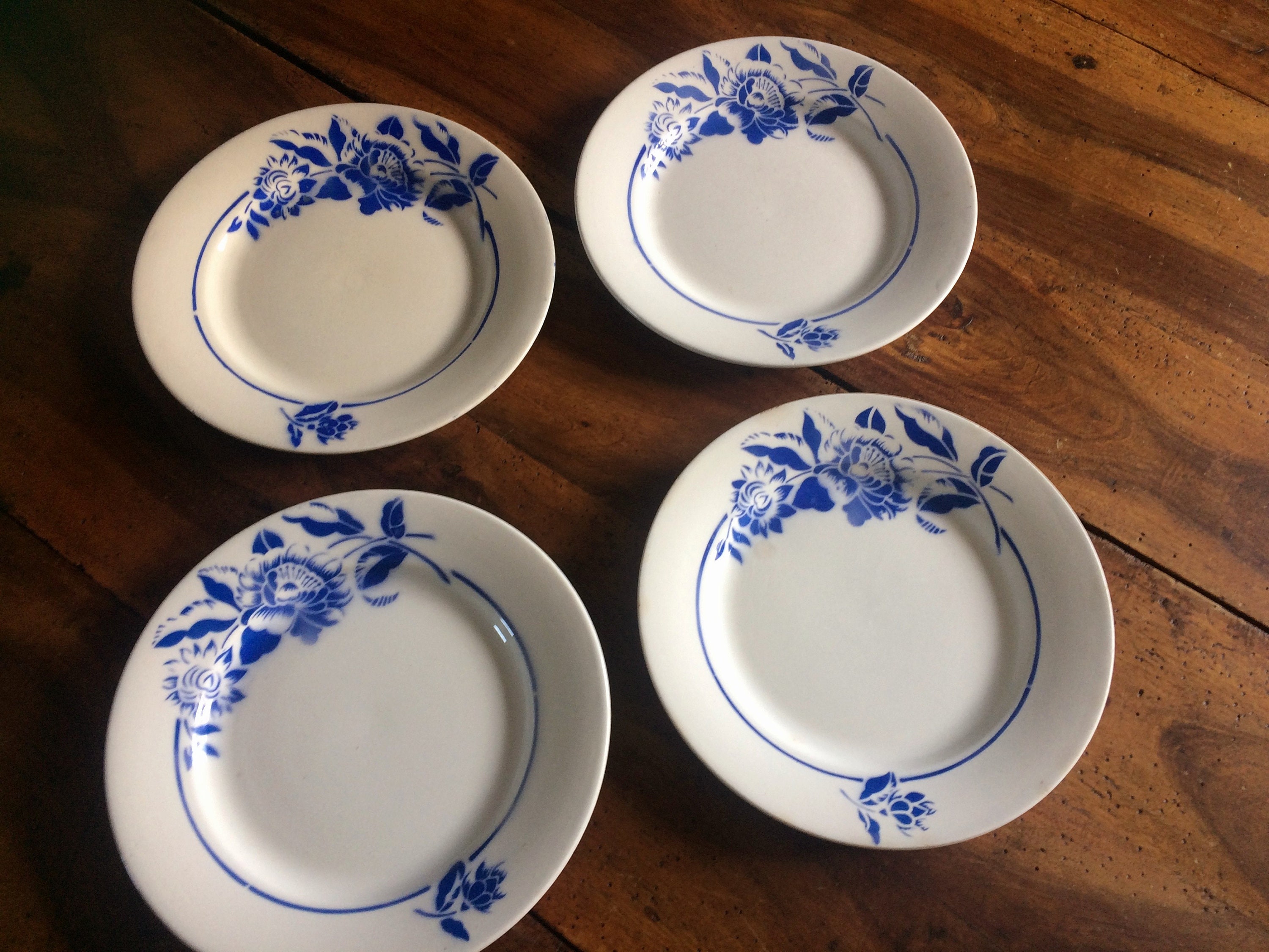 Lot de 4 Assiettes Vintage Digoin, Sarreguemines, Modèle Dandy. Assiettes Plates à Fleurs Bleues, Ar