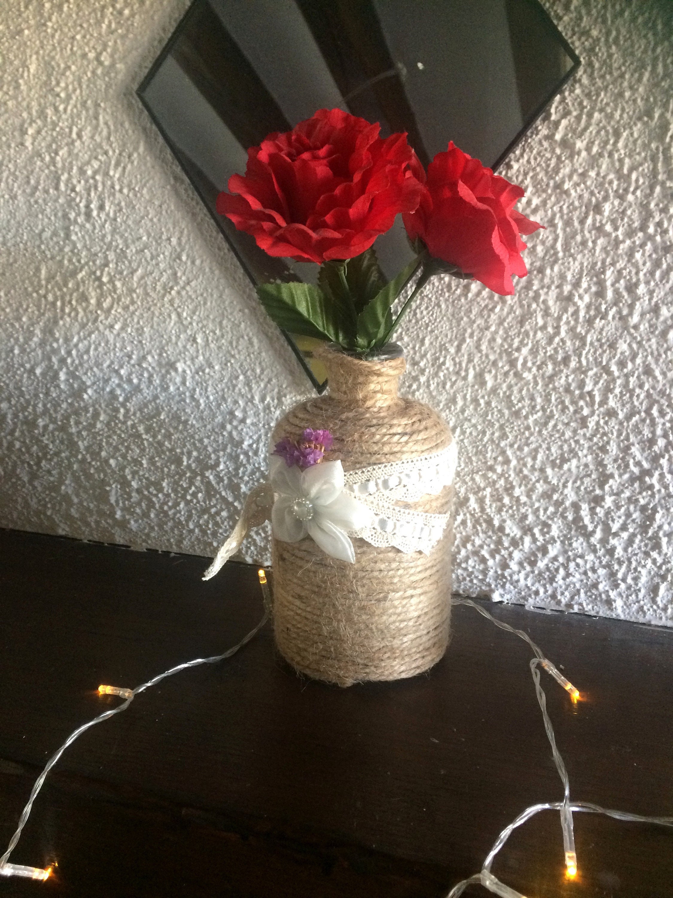 Soliflore, Vase, Bougeoir en Corde de Jute et Bouteille Originale. Décoration Shabby, Dentelle Fleur