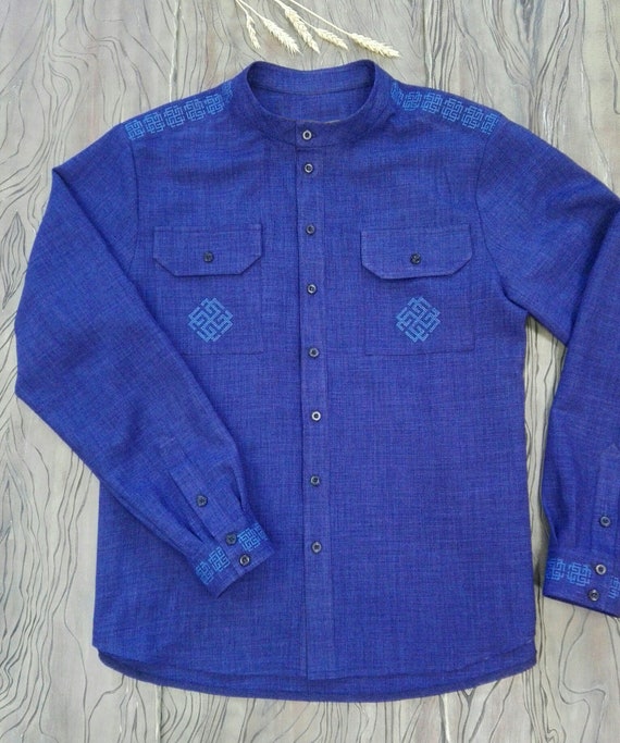 Blue Linen Shirt Men Linen Men's Shirt Embroidered Etsy