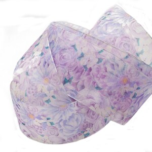 Ruban en organza à motif floral Rose, Mauve et vert, 4 cm x 100 cm