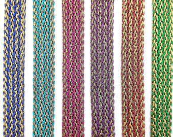 Ruban indien tressé de couleur doré, bleu, turquoise, rose, violet, bordeaux et vert, 1,5 cm x 100 cm