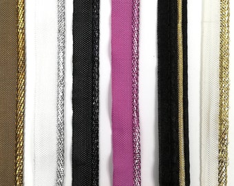 Passepoil bordure lurex de couleurs doré marron glacé, argenté blanc, doré blanc, noir, violet, doré noir, 1,3 cm x 100 cm, couture