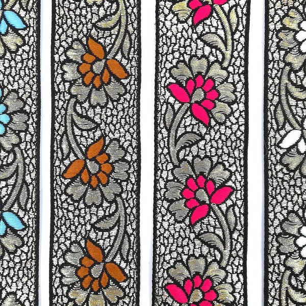 Ruban jacquard indien en coton polyester à motif floral de couleur bleu, marron, rose, blanc, noir, beige, doré, 3 cm x 100 cm