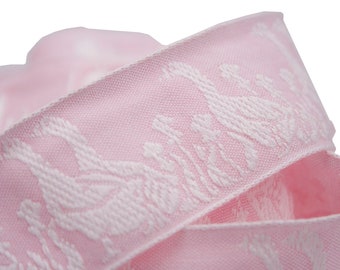 Stephanoise ribbon in cotton, pink and almond green, white goose embroidery, 4 / 7,5 cm x 100 cm