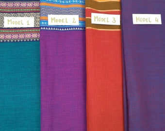 Tissus Indien en coton uni et frises colorées, Laize: 110 centimètre, coupon 25 centimètres.
