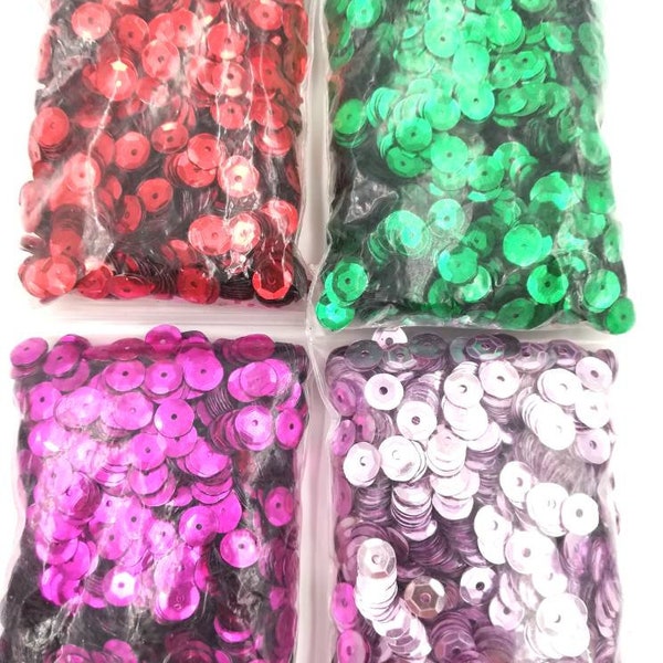 Paillette, sequin à coudre rouge, vert, rose et fuchsia, 7mm, Sachet 25g