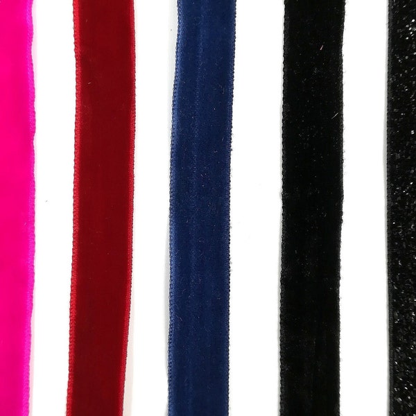 Ruban velours, de couleurs fuchsia, rouge, bleu, noir et noir brillant, 1,2 cm x 100 cm