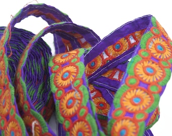 Purple and fuchsia ribbons, orange, green, red, blue and turquoise embroidery, 3.5 cm x 100 cm