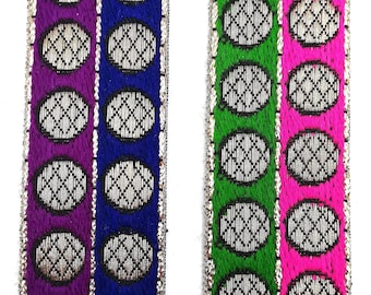 Ruban tissé Indien,violet, bleu, rose et vert à pois doré, 3 cm x 100 cm