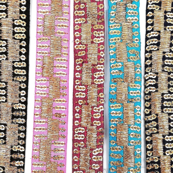 Ruban Indien brodé de sequins doré, ruban noir, rose, fuchsia, turquoise et bleu, 2 cm x 100 cm