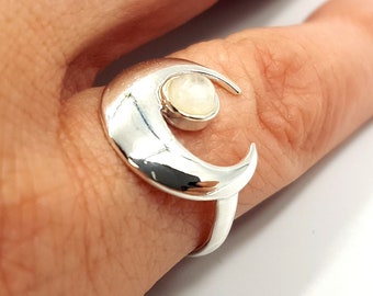 Sterling Silver Crescent Moonstone Ring( 925)