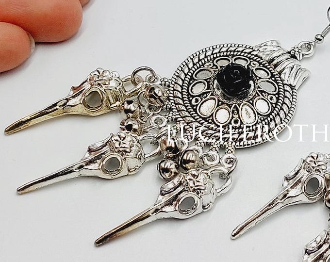 Triple Crow Skull Rose Earrings