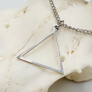 Op de afbeelding: Een zilveren driehoekige hangerketting aan een zilveren ketting. De ketting wordt getoond op een witte hertenschedel.