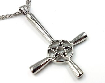 Inverted Pentagram Cross Necklace (Black / Silver - Stainless Steel)
