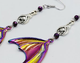 Vampire Sleeping Bat Earrings with Rainbow Wings