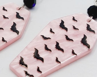 Cloudy Pink Coffin Bat Earrings