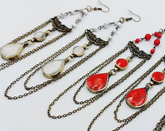 Vintage Victorian Chain Earrings (Coral | White Jade | Black Agate)