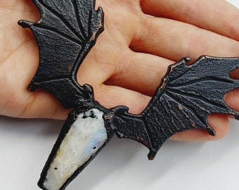 Electroformed Vampire Coffin Batwing Necklace with Moonstone (Copper)