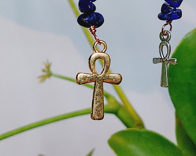 Plant Ankh Charms with Lapis Lazuli Crystal (Copper Energetic Plant Accessories)