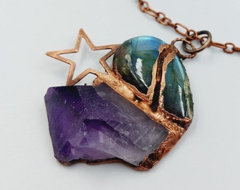 Electroformed Crystal Cluster Pentagram Necklace with Amethyst & Labradorite (Copper)