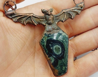 Electroformed Vampire Coffin Bat Necklace with Kambaba Crystal (Copper)