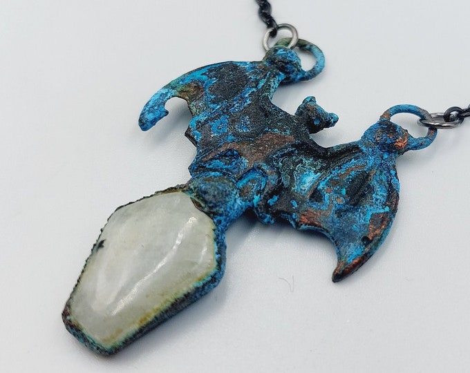 Electroformed Vampire Bat & Coffin Pendant with Moonstone (Copper)