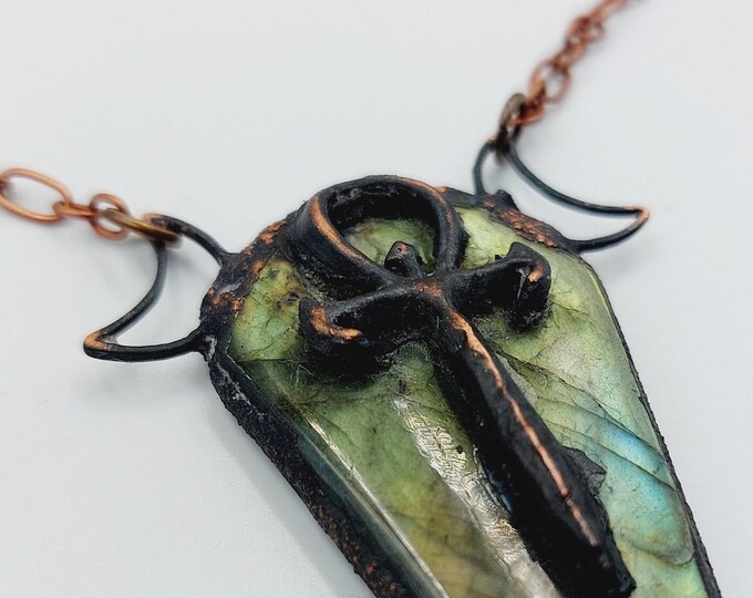 Electroformed Vampire Ankh Necklace with Labradorite Coffin (Copper)