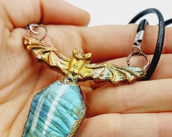 Electroformed Vampire Coffin Bat Necklace with Labradorite Crystal (Copper)