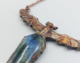 Electroformed Vampire Coffin Bat Necklace with Labradorite Crystal (Copper)