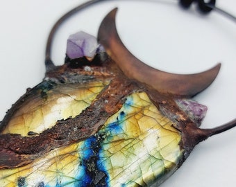 Electroformed Crescent Moon Labradorite Necklace with Amethyst Crystal (Copper)