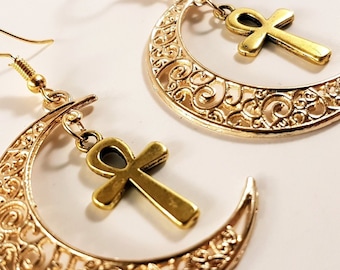 Mini Ankh Crescent Moon Earrings (Available with 14k gold earhooks)