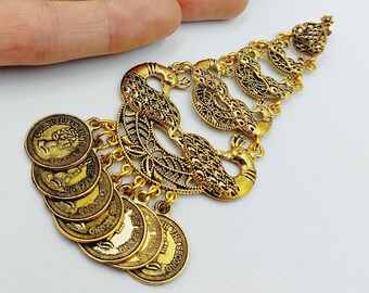 Long Peacock Coin Earstuds (Silver or Gold Colour)