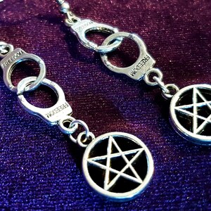 Satanic Handcuff Earrings - invertedpentagram gothic handcuffs freedom solvecoacula breakfreefromchains pentagram occult blackmagic