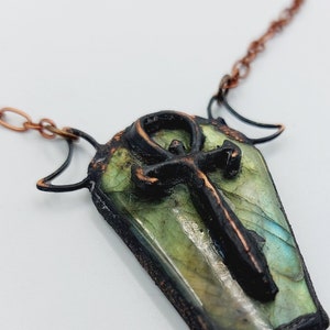 Vampire Ankh Necklace with Labradorite Coffin (Electroformed Copper) - gothic crystal electroforming gift vampire bat ankh vampiric art wgt