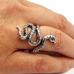 May include: A silver-toned metal ring shaped like a coiled snake with detailed scale textures. The snake body wraps around the finger, with the head positioned on one side and the tail on the other, featuring dark oxidized accents in the crevices.