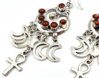 Crescent Moon Ankh Earrings (Goldstone)