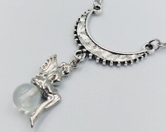 Crescent Moon Sitting Fairy Pendant with Crystal Quartz